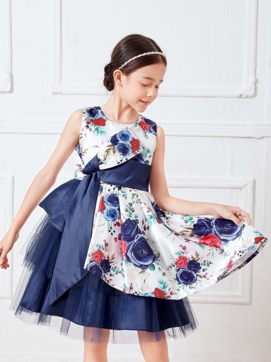 Girls Floral Print Bow Front Fold Pleated Mesh Insert Layered Hem Gown Dress