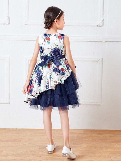 فستان ثوب بناتي مزين بفيونكة مطوية أمامية بطيات شبكية ذات طبقات تنحنح