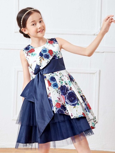 Girls Floral Print Bow Front Fold Pleated Mesh Insert Layered Hem Gown Dress