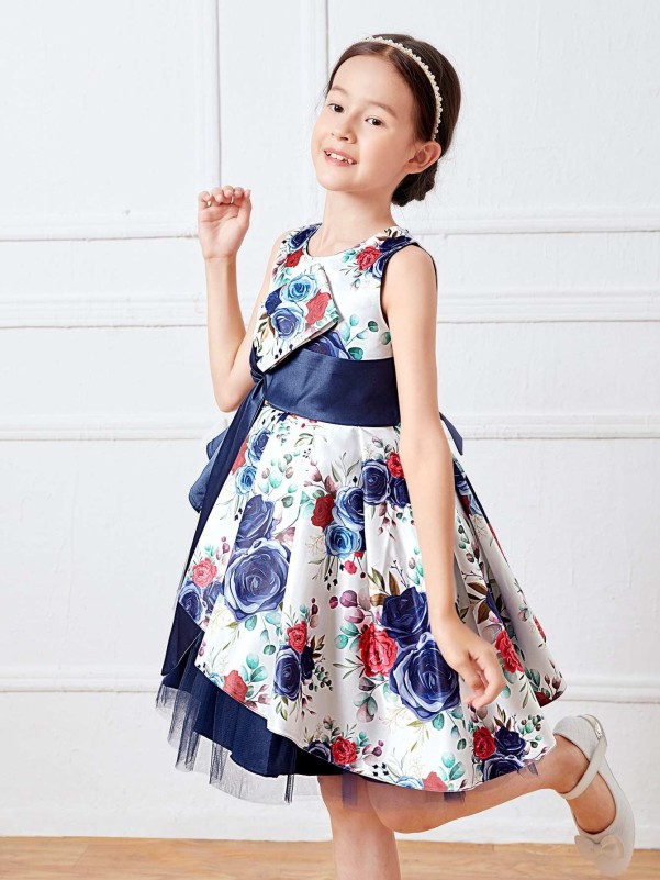 Girls Floral Print Bow Front Fold Pleated Mesh Insert Layered Hem Gown Dress