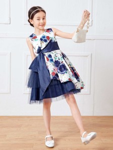 Girls Floral Print Bow Front Fold Pleated Mesh Insert Layered Hem Gown Dress