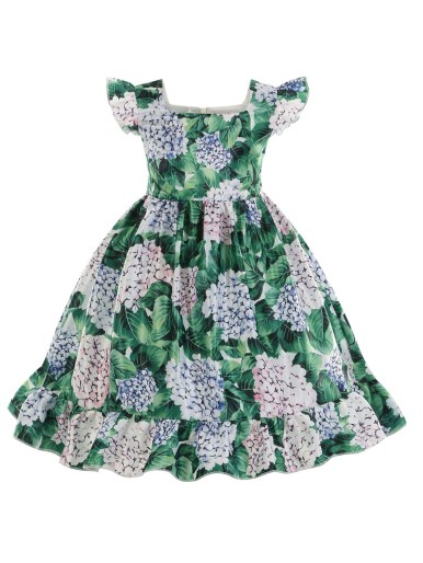 Girls Floral Print Ruffle Trim Square Neck Gown Dress