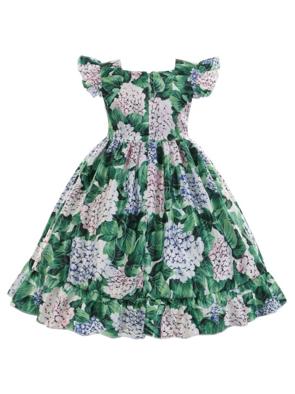 Girls Floral Print Ruffle Trim Square Neck Gown Dress