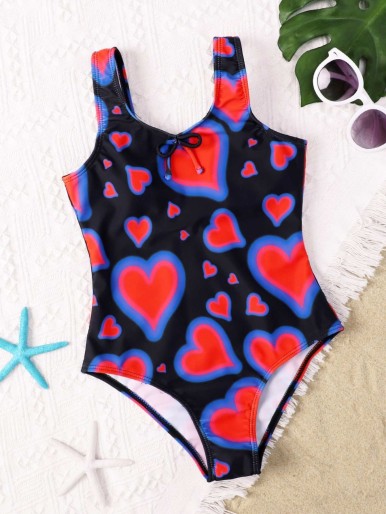 Girls Heart Pattern One Piece Swimsuit