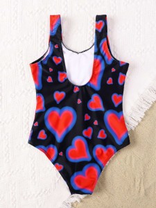 Girls Heart Pattern One Piece Swimsuit