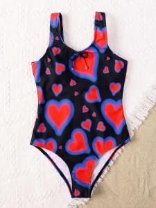 Girls Heart Pattern One Piece Swimsuit