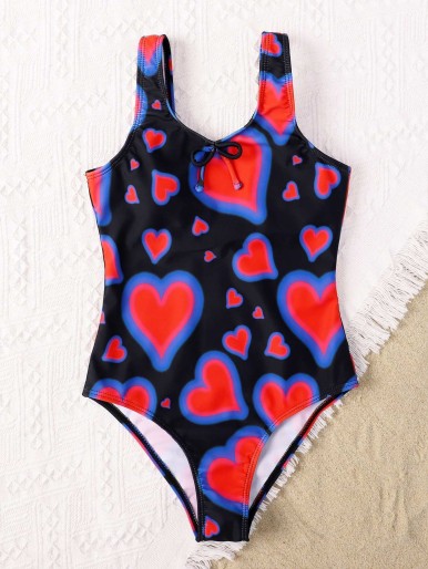 Girls Heart Pattern One Piece Swimsuit