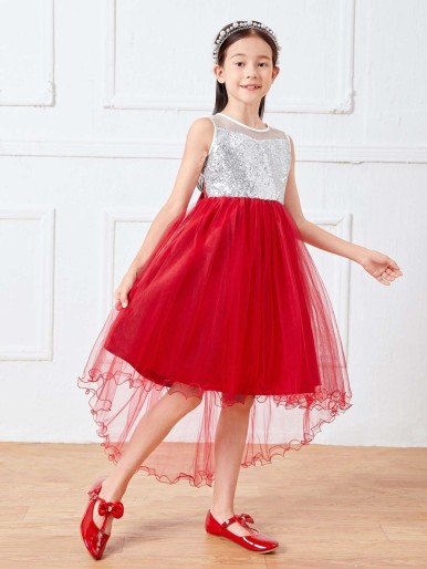 Girls High Low Contrast Sequin Dress