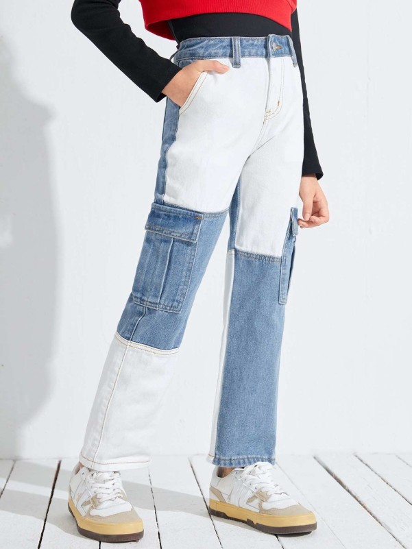 SHEIN Girls High Waist Color Block Flap Pocket Side Cargo Jeans