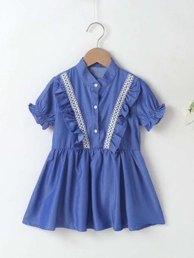 Girls Lace Insert Ruffle Trim Denim Shirt Dress