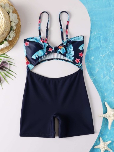 Teen Girls Ditsy Floral Print Rib Cut-out One Piece Swimsuit