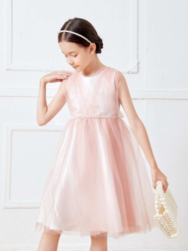 Girls Rhinestone Tie Back Mesh Overlay Party Dress