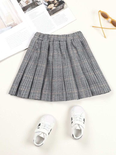 Girls Plaid Print Fold Pleated Skirt