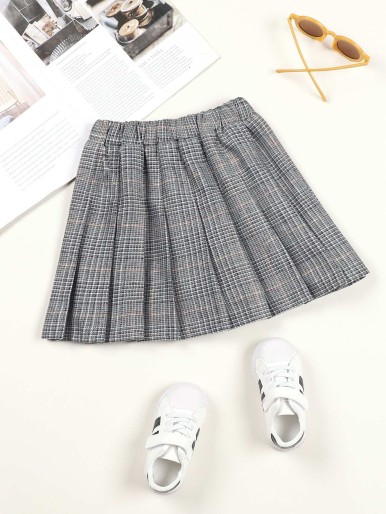 Girls Plaid Print Fold Pleated Skirt