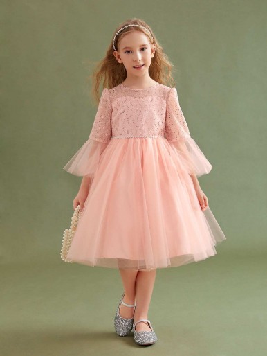 Girls Sequin Insert Contrast Lace Flounce Sleeve Tie Back Mesh Gown Dress