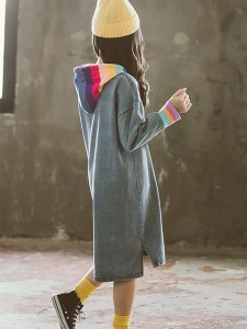 Girls Striped Hooded Denim Dress