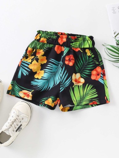 Girls Tropical Print Paperbag Waist Shorts