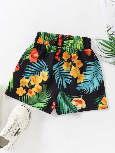 Girls Tropical Print Paperbag Waist Shorts