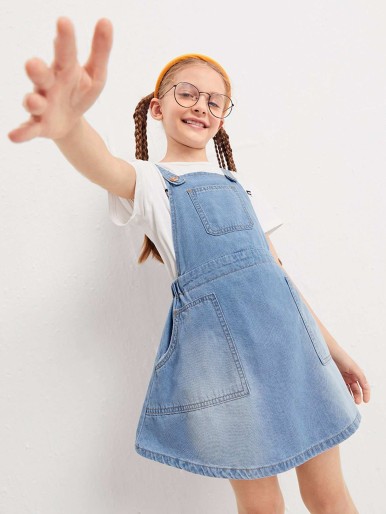 Girls Washed Denim Overall Dress