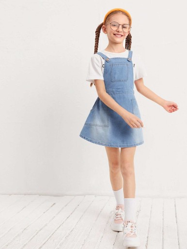 Girls Washed Denim Overall Dress