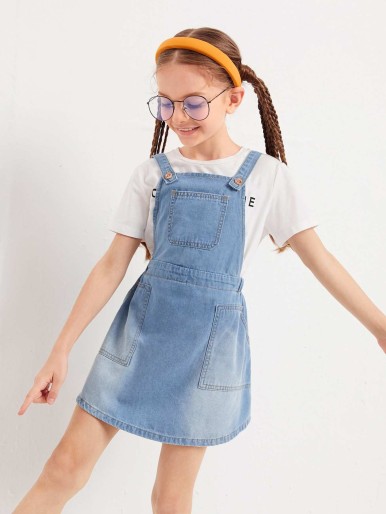 Girls Washed Denim Overall Dress