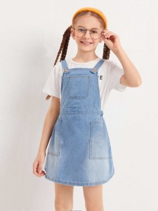 Girls Washed Denim Overall Dress