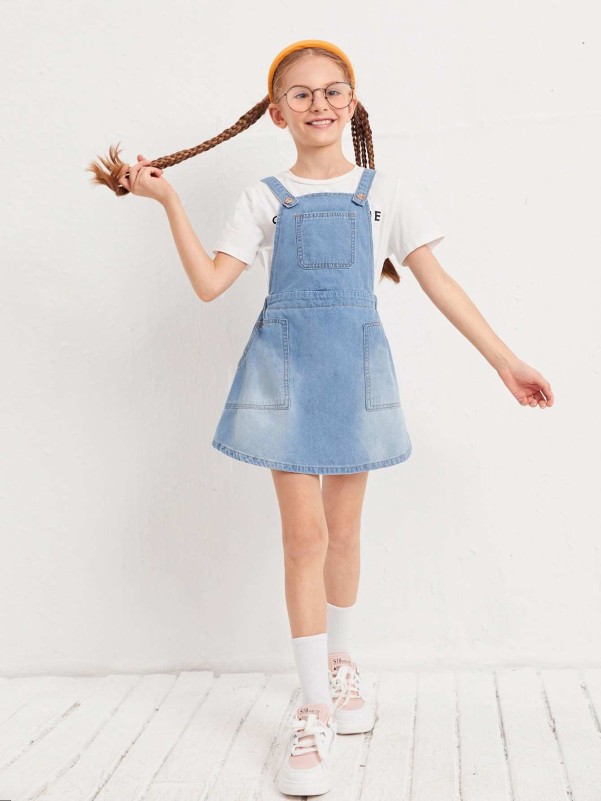 Girls Washed Denim Overall Dress