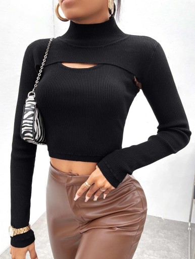 High Neck Ribbed Knit Super Crop Sweater & Knit Top
