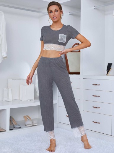 Patch Pocket Contrast Lace Waffle Knit Pajama Set