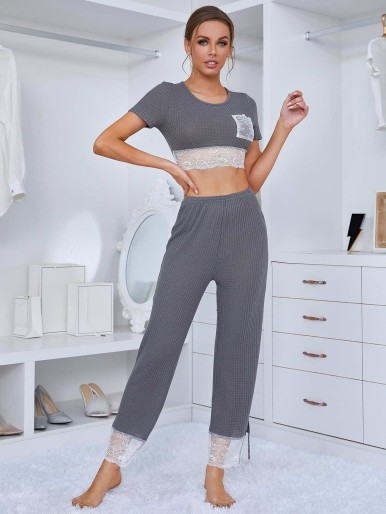 Patch Pocket Contrast Lace Waffle Knit Pajama Set