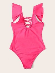 Neon Hot Pink Lattice Ruffle Trim One Piece Swimwear