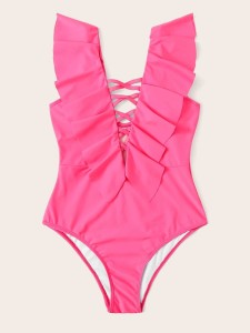 Neon Hot Pink Lattice Ruffle Trim One Piece Swimwear