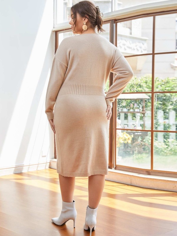  PRDECE Sweater Dress for Women Drop Shoulder Overlap Collar  Belted Sweater Dress Sweater Dress (Color : Apricot, Size : X-Large) :  ביגוד, נעליים ותכשיטים