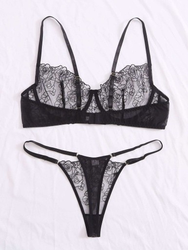 Plus Floral Mesh Underwire Lingerie Set