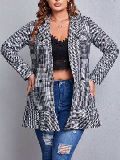 SHEIN Plus Houndstooth Double Breasted Ruffle Hem Coat