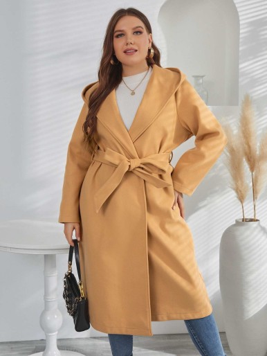 Plus Open Front Belted Hooded Overcoat