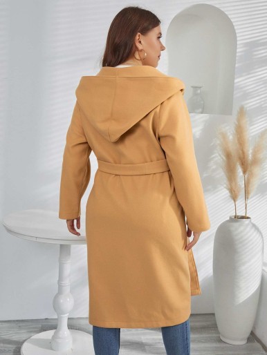 Plus Open Front Belted Hooded Overcoat
