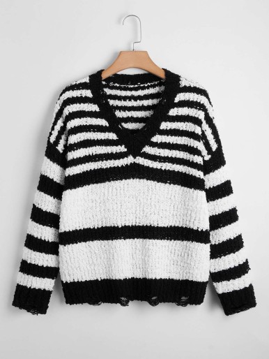 Plus Stripe Pattern Frayed Trim Sweater