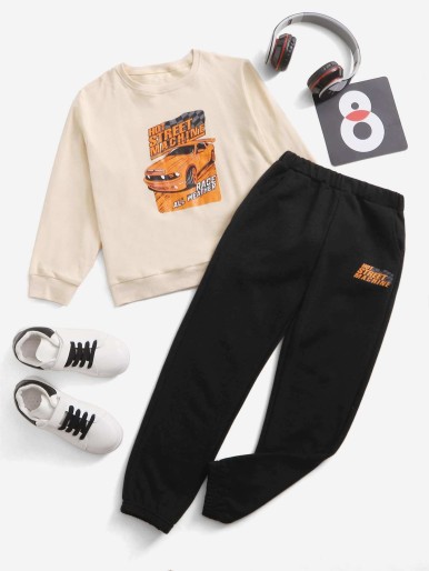 SHEIN Boys Car & Slogan Graphic Pullover & Sweatpants
