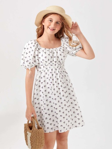 SHEIN Teen Girls Ditsy Floral Print Square Neck Criss-cross Dress