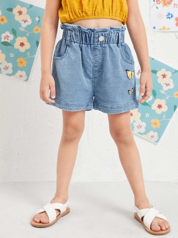 Toddler Girls Butterfly Print Paperbag Waist Denim Shorts