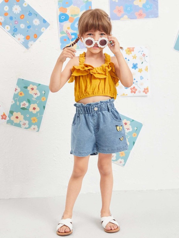 Toddler Girls Butterfly Print Paperbag Waist Denim Shorts