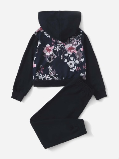 Toddler Girls Floral Print Zip Up Hoodie & Sweatpants