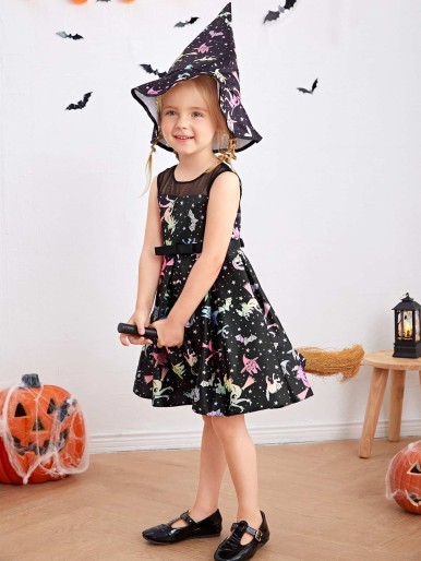 Toddler Girls Halloween Print Contrast Mesh Dress