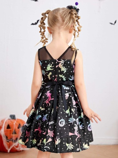 Toddler Girls Halloween Print Contrast Mesh Dress