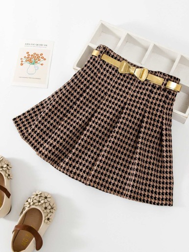 Toddler Girls Houndstooth Print Pleated Belted Skirt