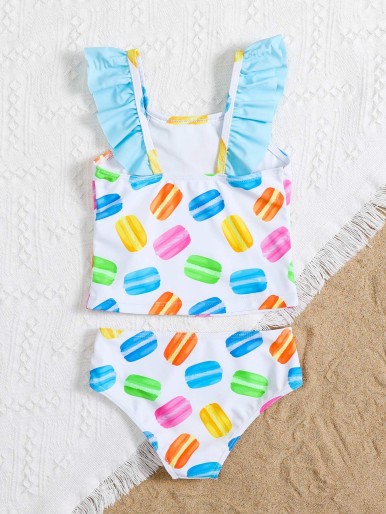 Toddler Girls Macaron Print Frill Trim Bikini Swimsuit