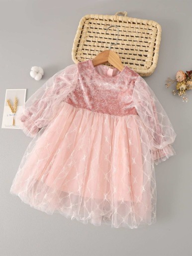 Toddler Girls Mesh Overlay Flounce Sleeve Smock Dress
