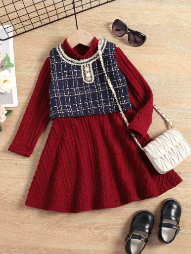 Toddler Girls Mock Neck Textured Dress & Plaid Pattern Tank Top