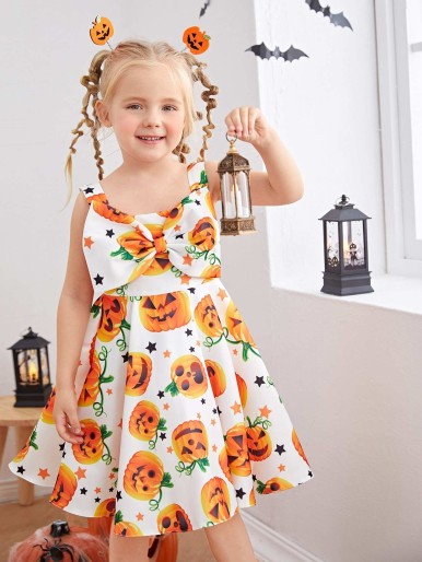 Toddler Girls Pumpkin Print Bow Detail Halloween Costume Dress